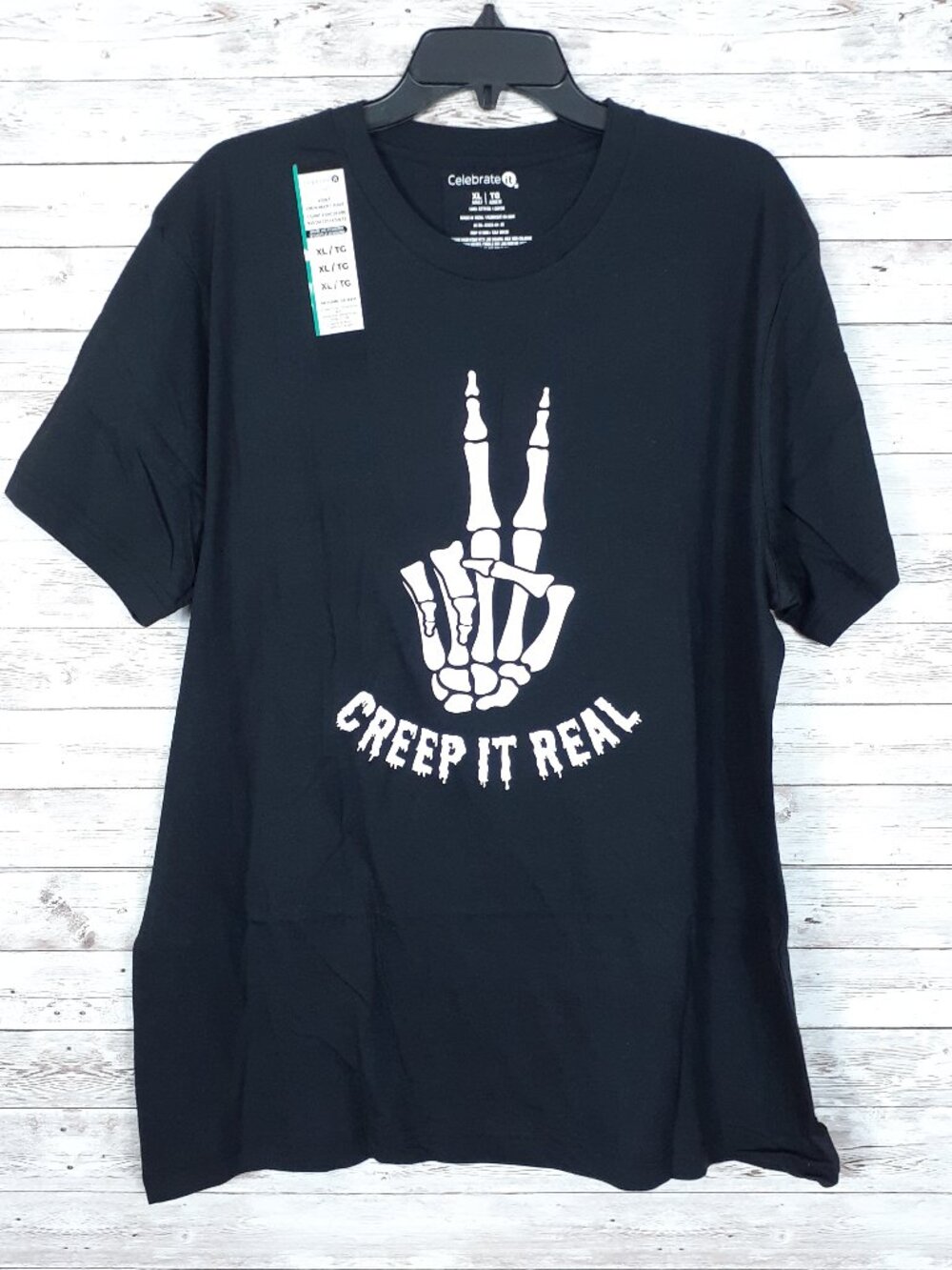 Halloween Adult Crew Neck T-Shirt XL Tee Creep It Real Skeleton Black 997A